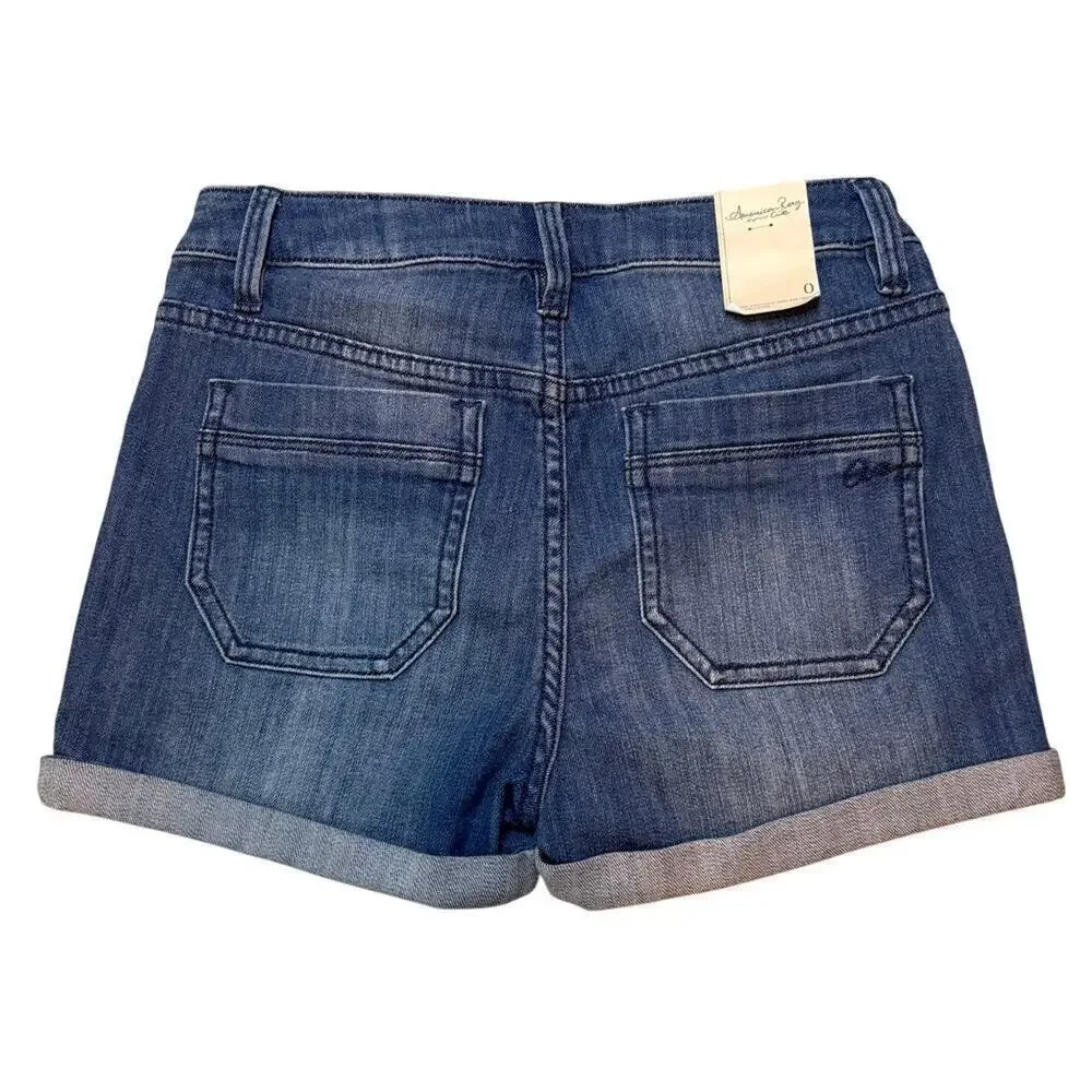 American Rag High Rise Button Fly Denim Shorts Size 0 Cuffed Stretch NWT